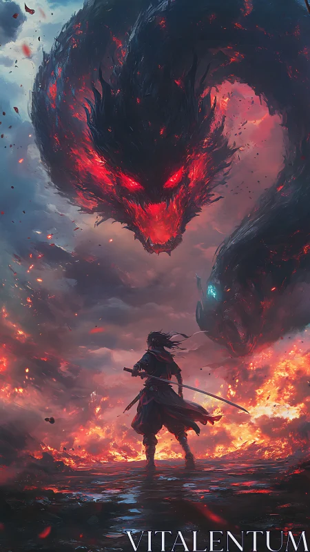 Stormlit warrior calmly faces a blazing celestial dragon