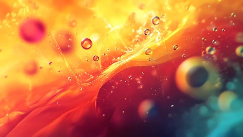 Vivid Abstract Oil and Water Art With Floating Bubbles in Warm Tones.