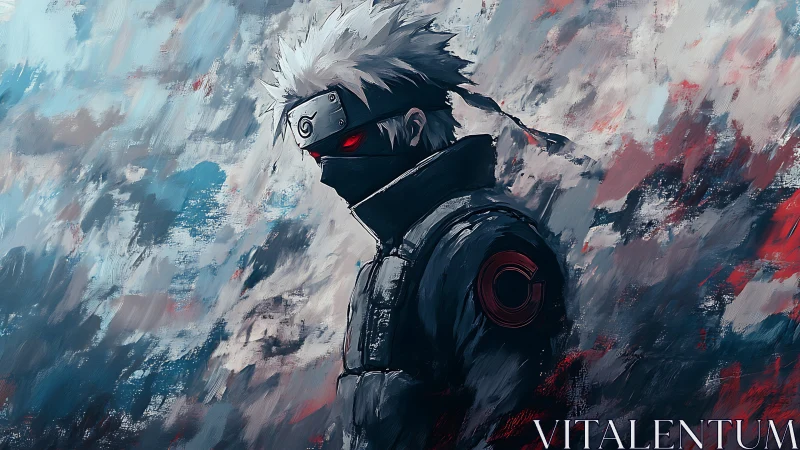 Storm-eyed masked warrior drifting through painted chaos.