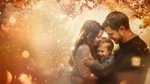Warm backlit family embrace with golden autumn bokeh glow