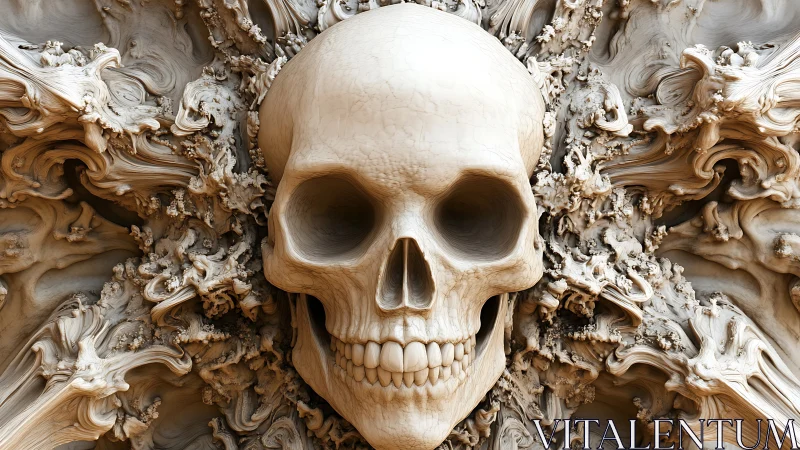 Intricate skull emerges from swirling bone-like textures.