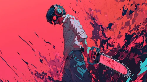 Chainsaw drifter stalks through neon carnage and roaring dusk.