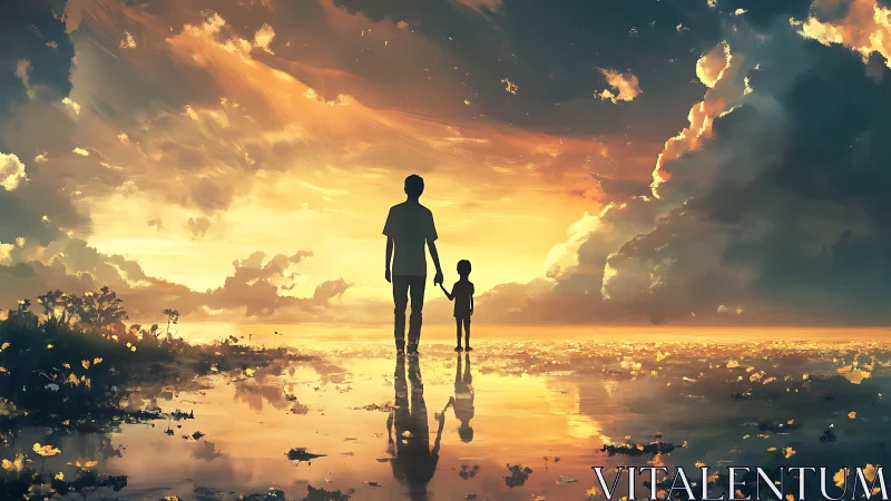 Silhouetted parent and child under glowing sunset sky.