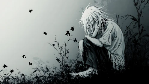 Solitary anime figure curls in monochrome grass at dusk.