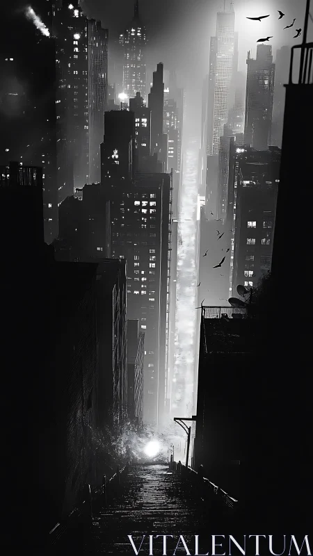Noir city staircase descends into foglit high‑rise canyon