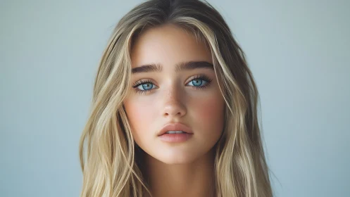 Sea-glass gaze and sunlit hair in serene close portrait.