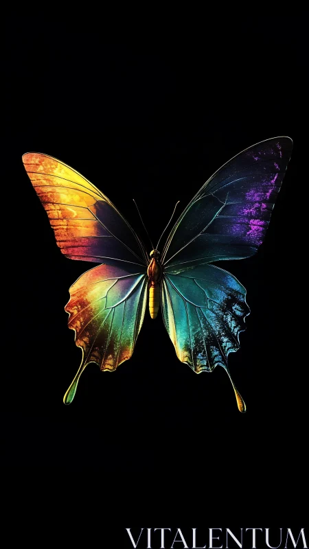 Prismatic butterfly hangs like liquid light in midnight air