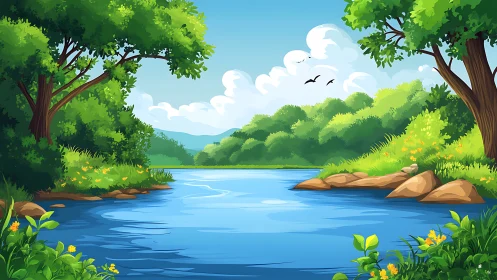 Sunlit forest river bend under vivid summer sky.