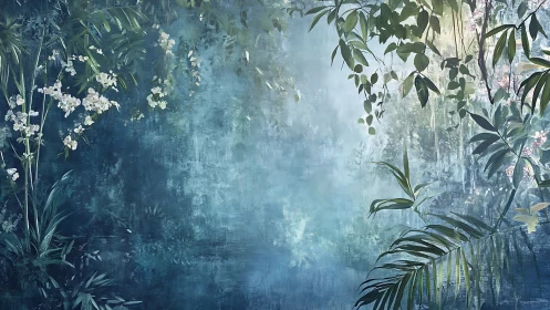 Lush botanical foliage on misted teal textured backdrop.