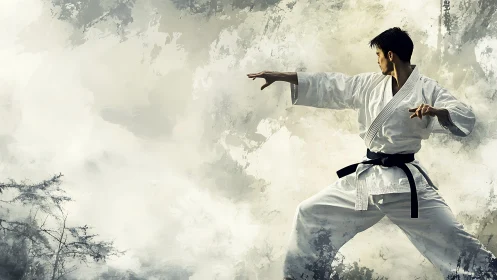 Martial artist in white gi holds focused fighting stance.