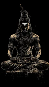 Ink-rendered meditative deity portrait in high-contrast chiaroscuro.