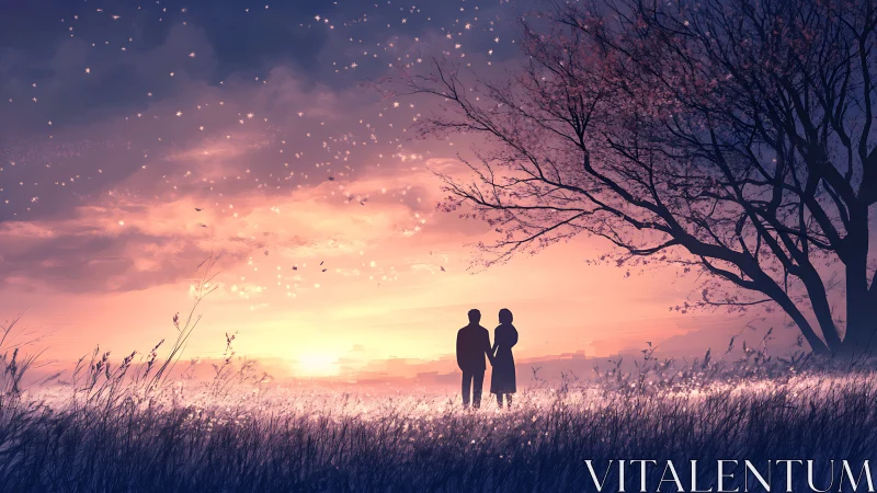 Two figures silhouetted against luminous sunset gradient landscape.