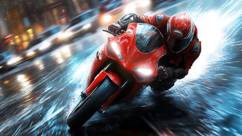 Red motorbike rider carving through a glowing rainy street.