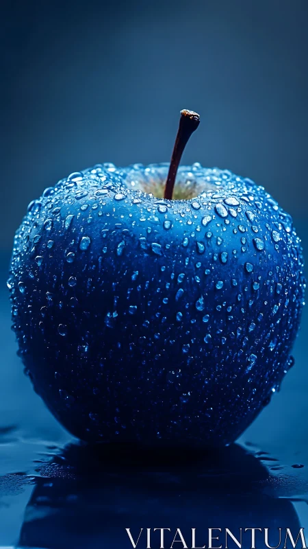 Iridescent blue apple with dewy droplets in cool light.