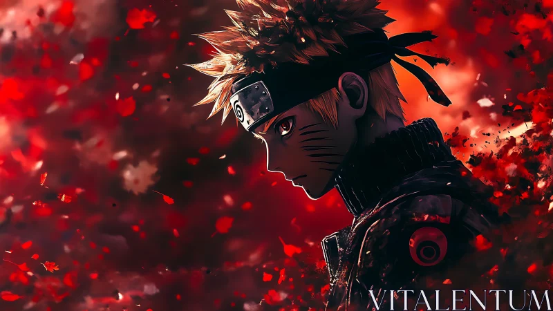 Brooding anime warrior stands in a storm of crimson embers