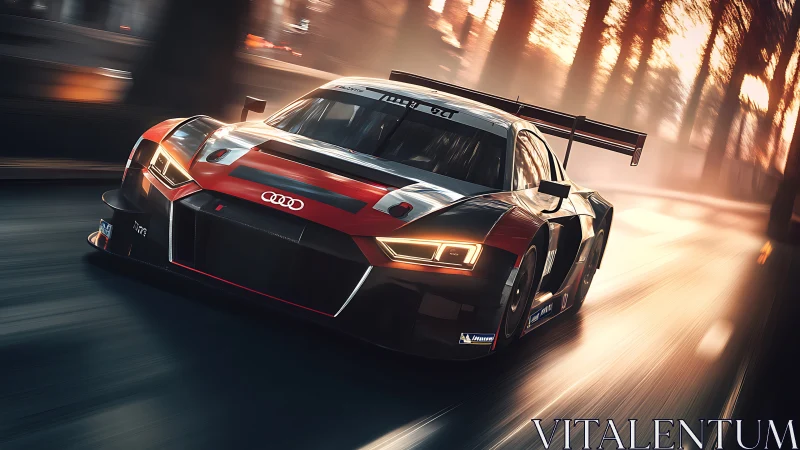 Audi GT race car accelerates through sunlit forest circuit
