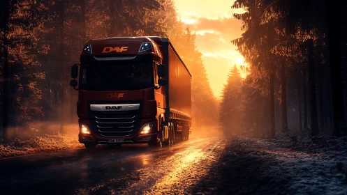 DAF truck powers through frosty forest at blazing sunrise.