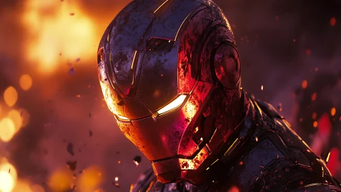 Battle-scorched metal guardian studies the embers in silence