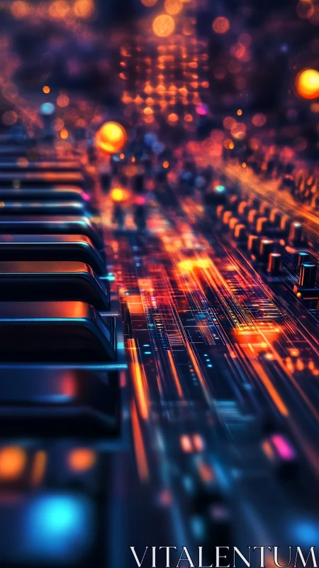 Neon piano keys merge with luminous digital circuitry.