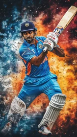 Cricket batsman in India kit playing attacking front-foot shot