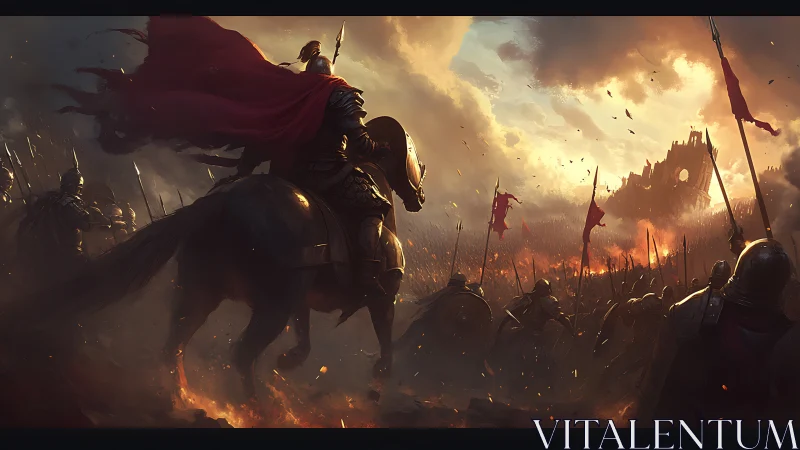 Armored cavalry leader drives medieval army toward burning castle