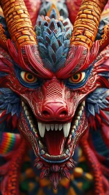 Vibrant horned dragon roars with intricate scaled detail.