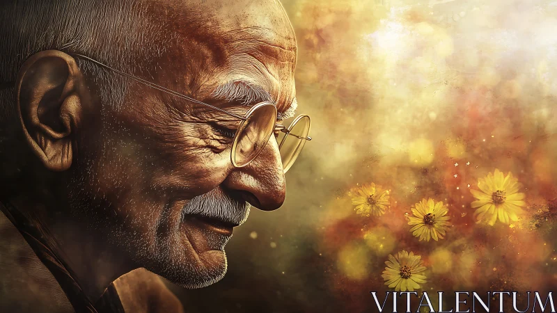 Elderly man smiles softly amid golden floral daydream