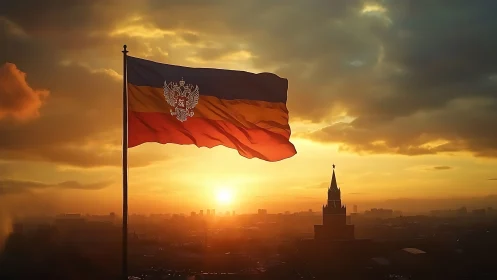Tricolor imperial flag over silhouetted cityscape at sunset
