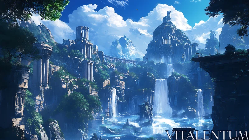 Epic fantasy citadel carved in cliffs with cascading waterfalls