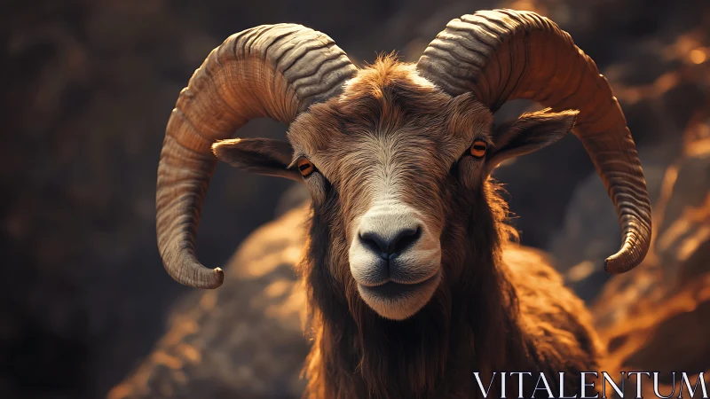 Wild mountain ram portrait in warm golden sunlight.