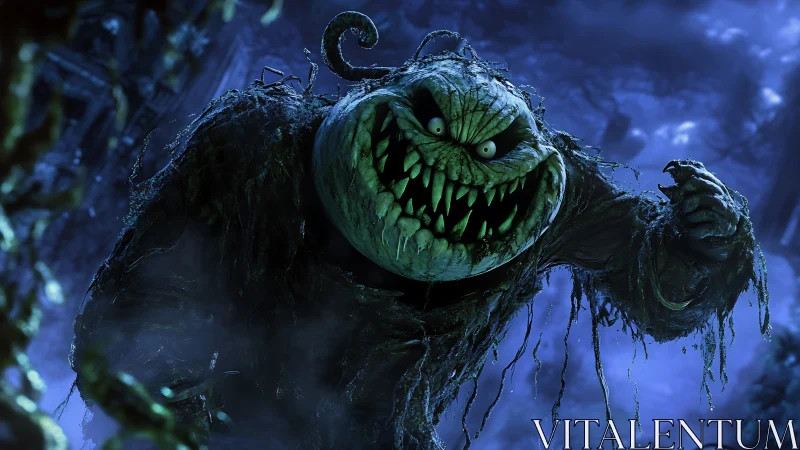 Grinning swamp pumpkin monster lunges through eerie blue mist