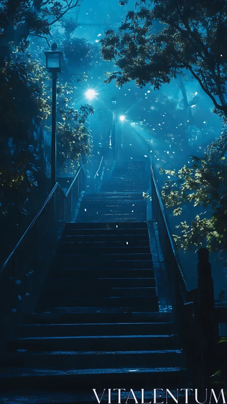 Moonlit rain stairway under misty blue foliage glow.