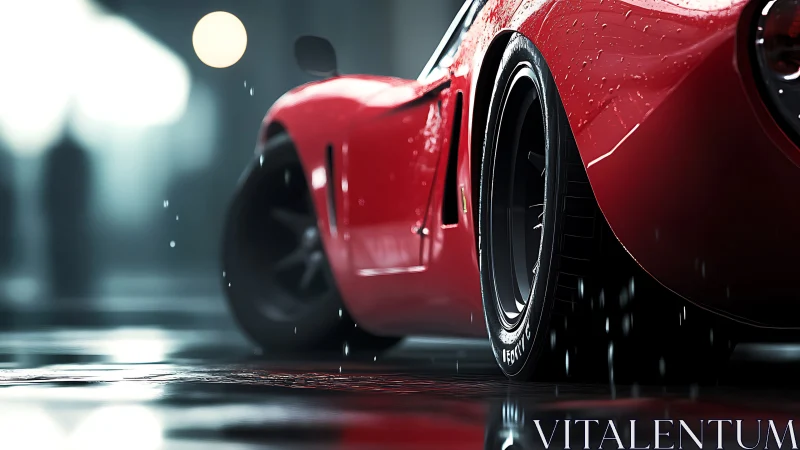 Red supercar glistens on rain-soaked city street at night.