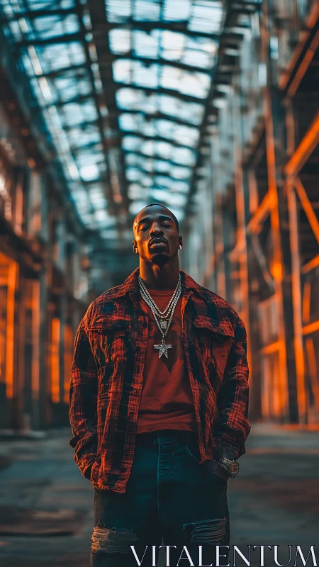 Flannel-clad urban monarch holds still beneath molten rafters