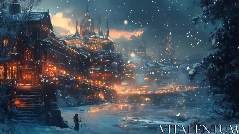 Snowy river city with glowing winter architecture at dusk.