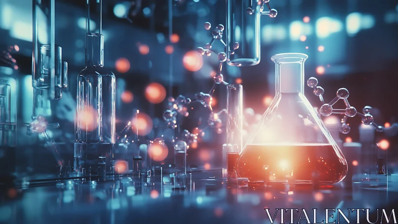 Futuristic chemistry lab glows with molecular light dynamics.