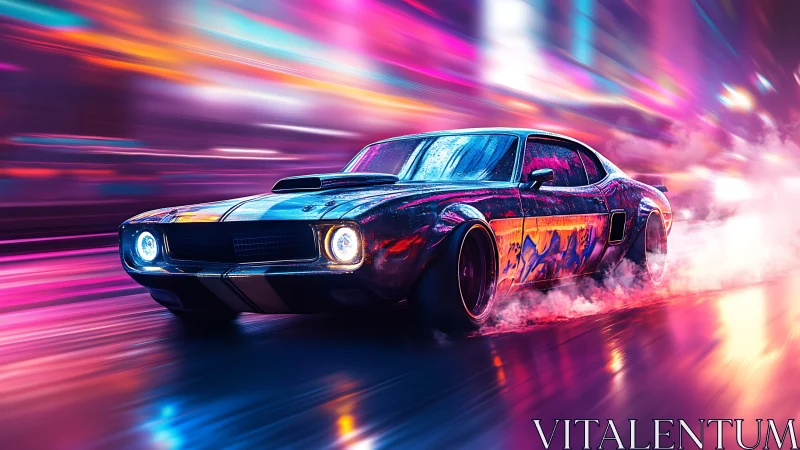 Neon night muscle car cruising through painted city streets.