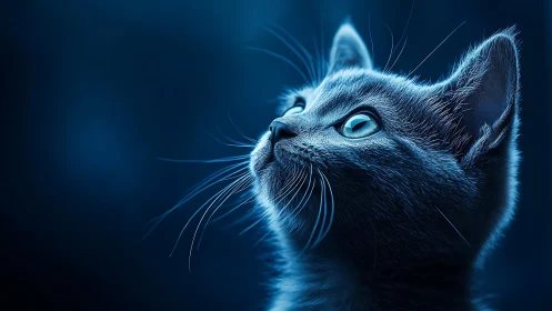 Blue-Eyed Cat Gazing Upward Against Deep Teal Background.