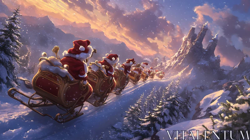 Santa sleigh convoy glides along alpine ridge at golden sunset