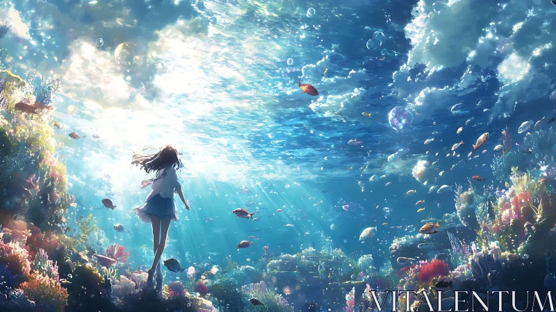 Submerged girl amid coral reef and distant sunlit water surface.