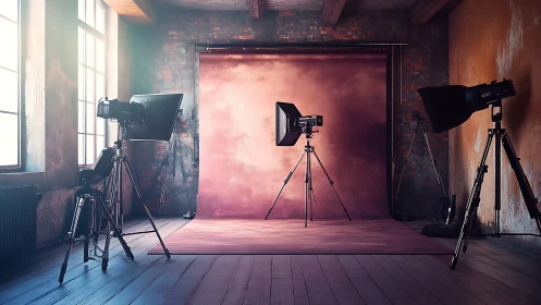 Portrait studio stands under warm cinematic softbox lighting.