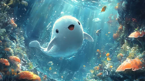 Joyful baby whale dances through a glowing coral dreamscape.