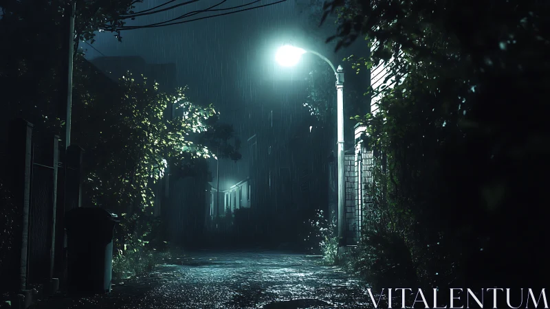 Rain soaked alley under single glowing street lamp.