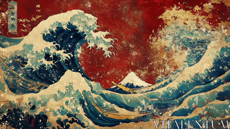 Red sky seascape with stylized waves and distant volcano.