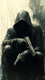 Hooded figure crouches in darkness with twin pistols poised.