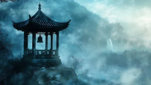 Misty mountain pagoda with hanging bell above foggy valley.