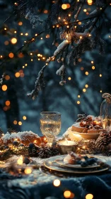 Photorealistic winter table scene with festive bokeh lighting.