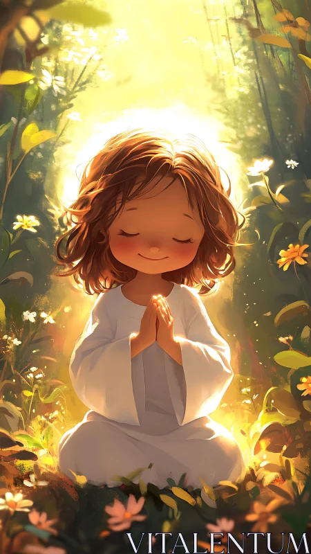 Digital painting of meditative child in luminous forest glade.