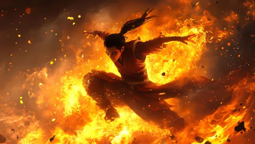 Fiery Warrior's Flight Among Explosive Inferno.
