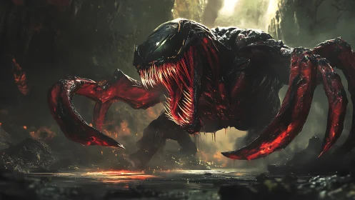 Bioluminescent chitinous demon beast in volcanic cavern